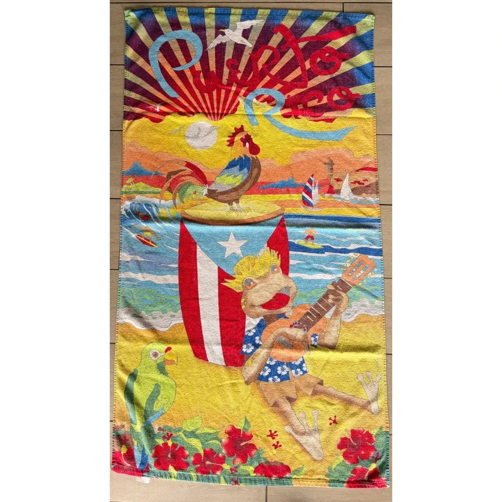 Vintage Puerto Rico Beach Towel Coqui Frog Rooster Parrot Tropical 29x52 Island